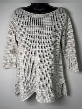 Jeanne Pierre Open Knit Mesh Sweater Tunic L Boatneck 3/4 Sleeve Coastal Crochet